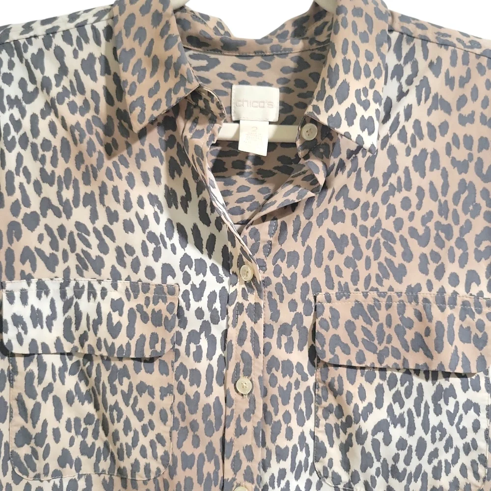 Chico's Leopard Print No-Iron Modal Blend Button Down Blouse Size 2 (Lg) Ombre - Picture 8 of 14